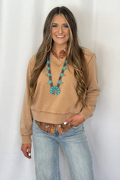 Garment Washed V - Neck Studded Pullover Sweatshirt - Cowhide and Conchos