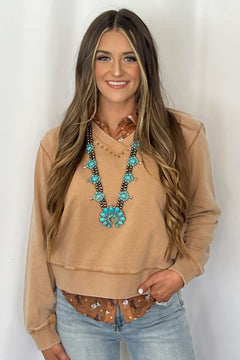 Garment Washed V - Neck Studded Pullover Sweatshirt - Cowhide and Conchos