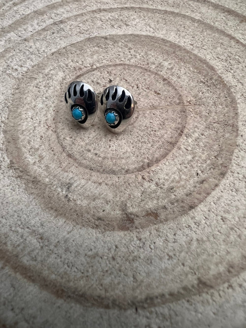 Gaynell Parker Sterling & Kingman Turquoise Bear Claw Post Earrings - Cowhide and Conchos