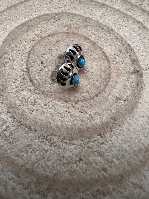 Gaynell Parker Sterling & Kingman Turquoise Bear Claw Post Earrings - Cowhide and Conchos