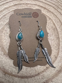 Genevieve Francisco Navajo Handmade Sterling Feather & Kingman Turquoise Earrings - 2 inch drop - Cowhide and Conchos