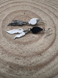 Genevieve Francisco Navajo Handmade Sterling Feather & Kingman Turquoise Earrings - 2 inch drop - Cowhide and Conchos