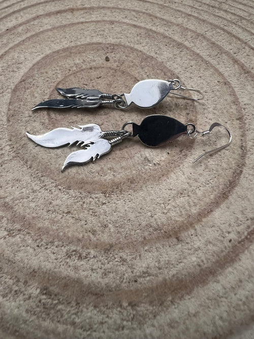 Genevieve Francisco Navajo Handmade Sterling Feather & Kingman Turquoise Earrings - 2 inch drop - Cowhide and Conchos