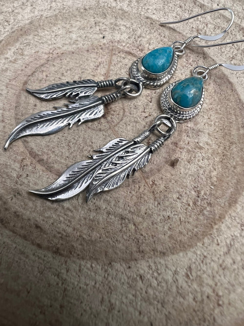 Genevieve Francisco Navajo Handmade Sterling Feather & Kingman Turquoise Earrings - 2 inch drop - Cowhide and Conchos