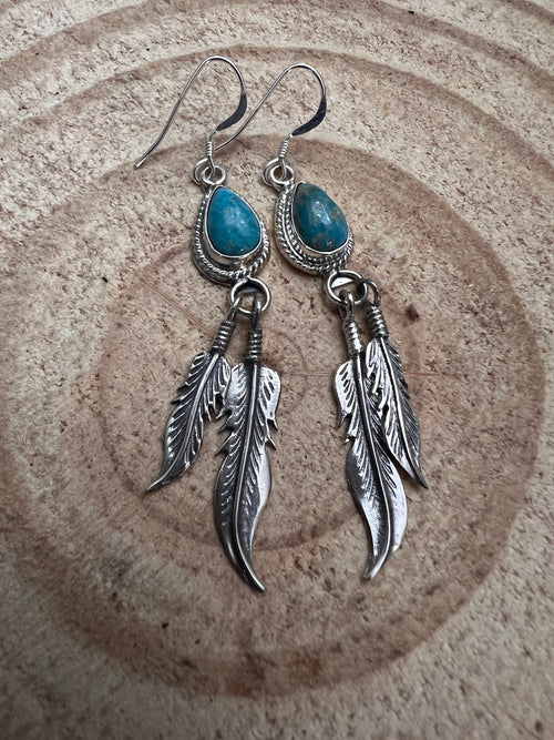 Genevieve Francisco Navajo Handmade Sterling Feather & Kingman Turquoise Earrings - 2 inch drop - Cowhide and Conchos