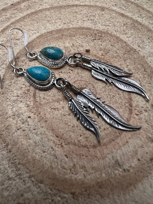Genevieve Francisco Navajo Handmade Sterling Feather & Kingman Turquoise Earrings - 2 inch drop - Cowhide and Conchos