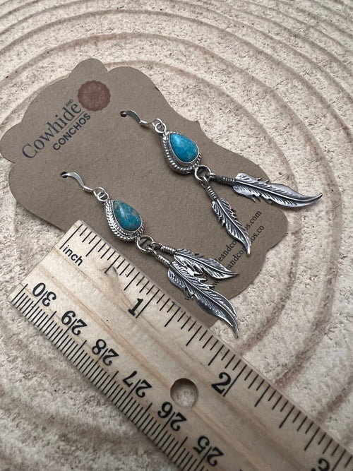 Genevieve Francisco Navajo Handmade Sterling Feather & Kingman Turquoise Earrings - 2 inch drop - Cowhide and Conchos