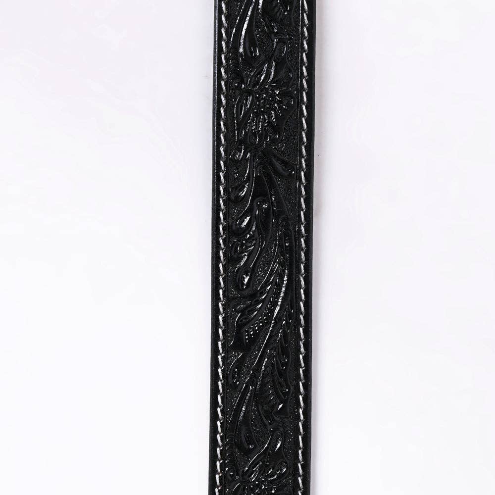 Genuine American Black Hand Tooled Leather Belt - Men or Women - Cowhide and Conchos