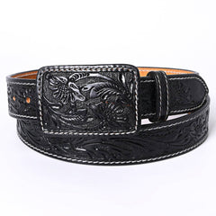 Genuine American Black Hand Tooled Leather Belt - Men or Women - Cowhide and Conchos
