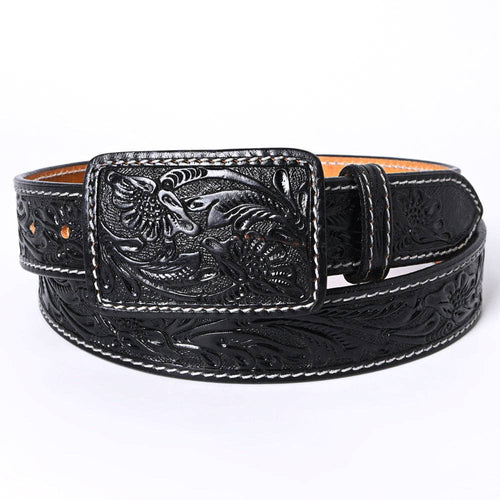 Genuine American Black Hand Tooled Leather Belt - Men or Women - Cowhide and Conchos
