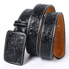 Genuine American Black Hand Tooled Leather Belt - Men or Women - Cowhide and Conchos