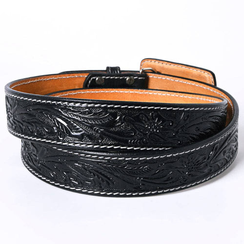 Genuine American Black Hand Tooled Leather Belt - Men or Women - Cowhide and Conchos