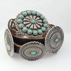 Genuine Distressed Leather Concho Belt with Faux Turquoise - Cowhide and Conchos
