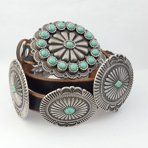 Genuine Distressed Leather Concho Belt with Faux Turquoise - Cowhide and Conchos