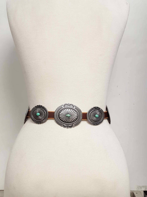 Genuine Distressed Leather Concho Belt with Faux Turquoise - Cowhide and Conchos