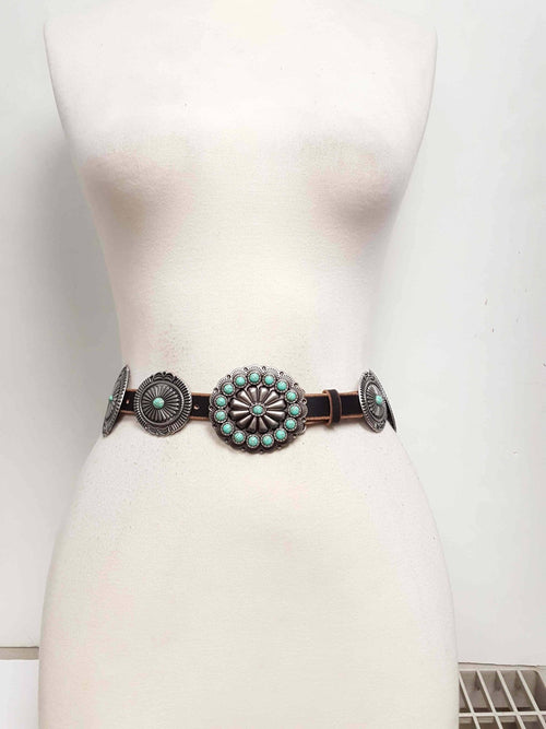 Genuine Distressed Leather Concho Belt with Faux Turquoise - Cowhide and Conchos