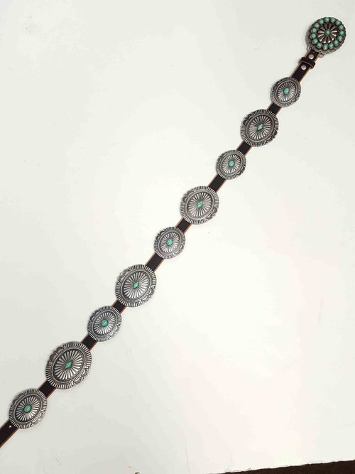 Genuine Distressed Leather Concho Belt with Faux Turquoise - Cowhide and Conchos