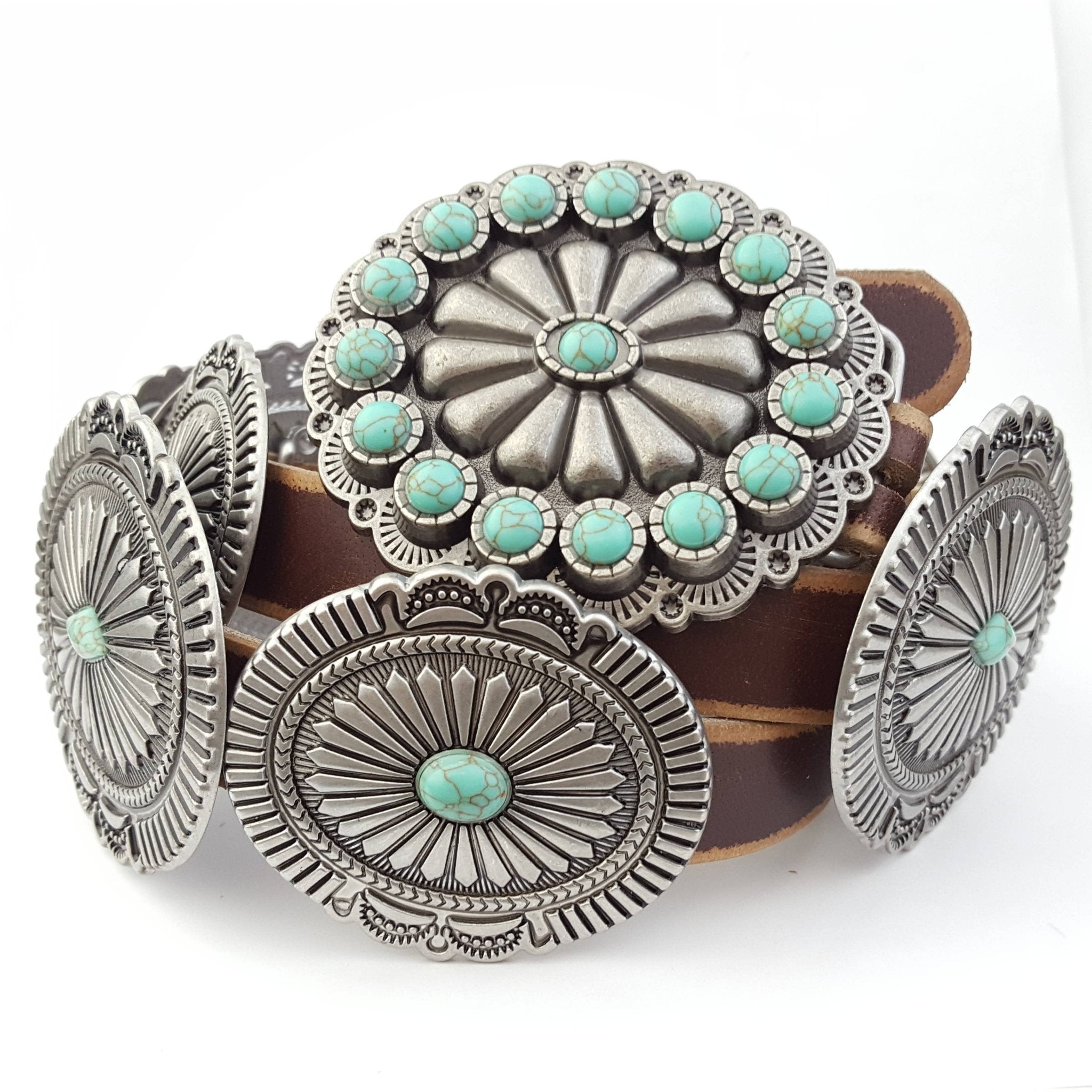 Genuine Distressed Leather Concho Belt with Faux Turquoise - Cowhide and Conchos