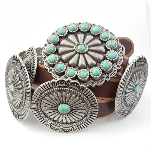 Genuine Distressed Leather Concho Belt with Faux Turquoise - Cowhide and Conchos