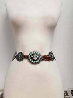 Genuine Distressed Leather Concho Belt with Faux Turquoise - Cowhide and Conchos