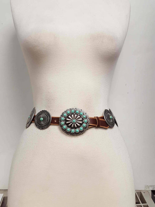 Genuine Distressed Leather Concho Belt with Faux Turquoise - Cowhide and Conchos
