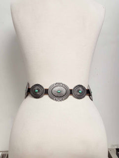 Genuine Distressed Leather Concho Belt with Faux Turquoise - Cowhide and Conchos
