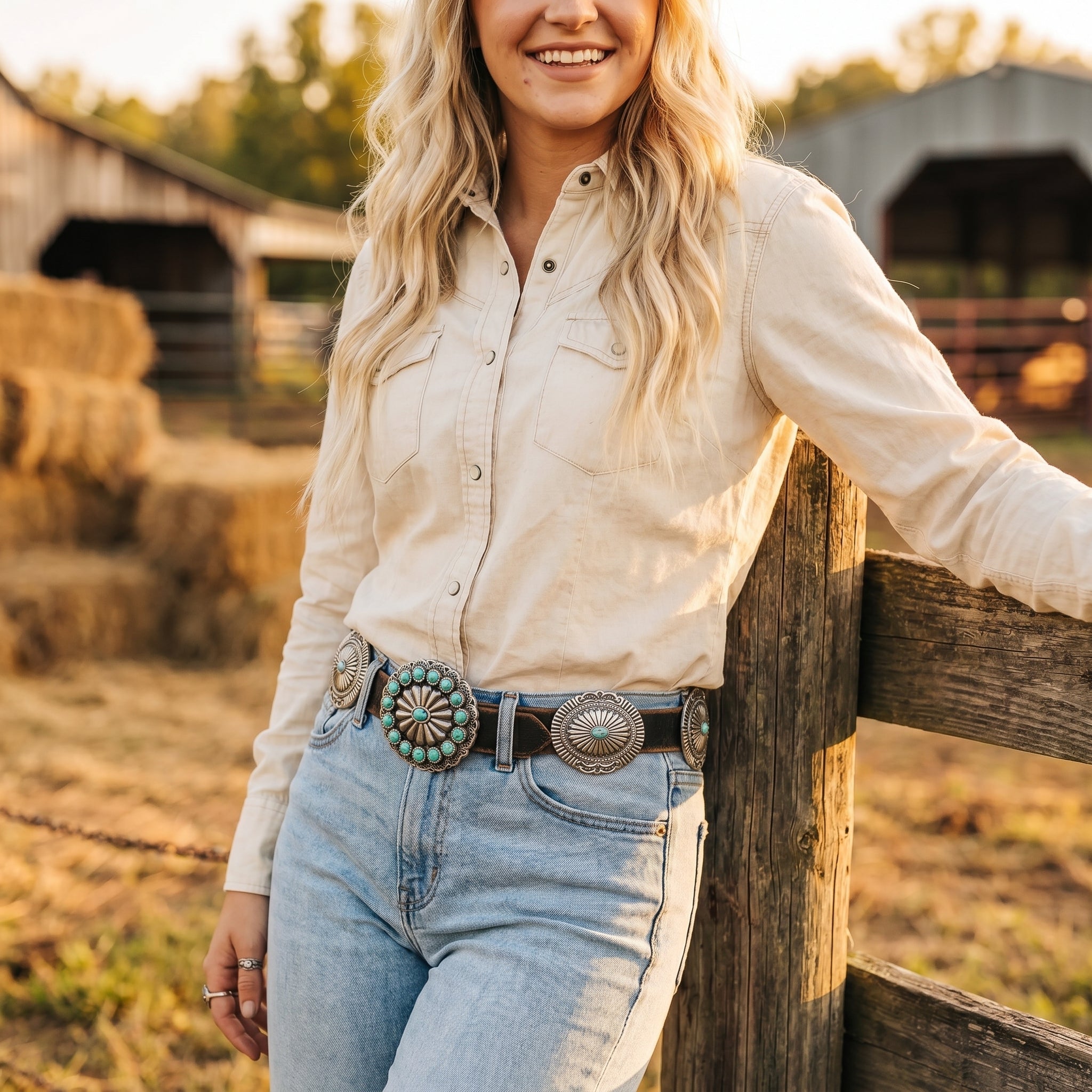 Genuine Distressed Leather Western Concho Belt with Faux Turquoise Stone Buckle - Cowhide and Conchos
