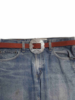 Genuine Suede Leather Belt w. Western Floral Buckle - Cowhide and Conchos