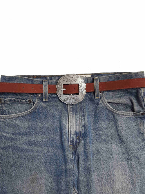 Genuine Suede Leather Belt w. Western Floral Buckle - Cowhide and Conchos
