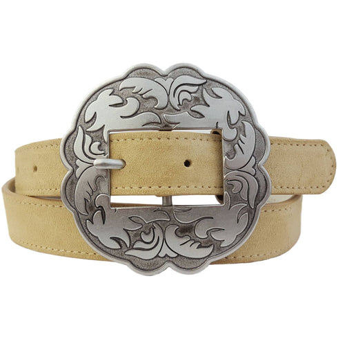 Genuine Suede Leather Belt w. Western Floral Buckle - Cowhide and Conchos