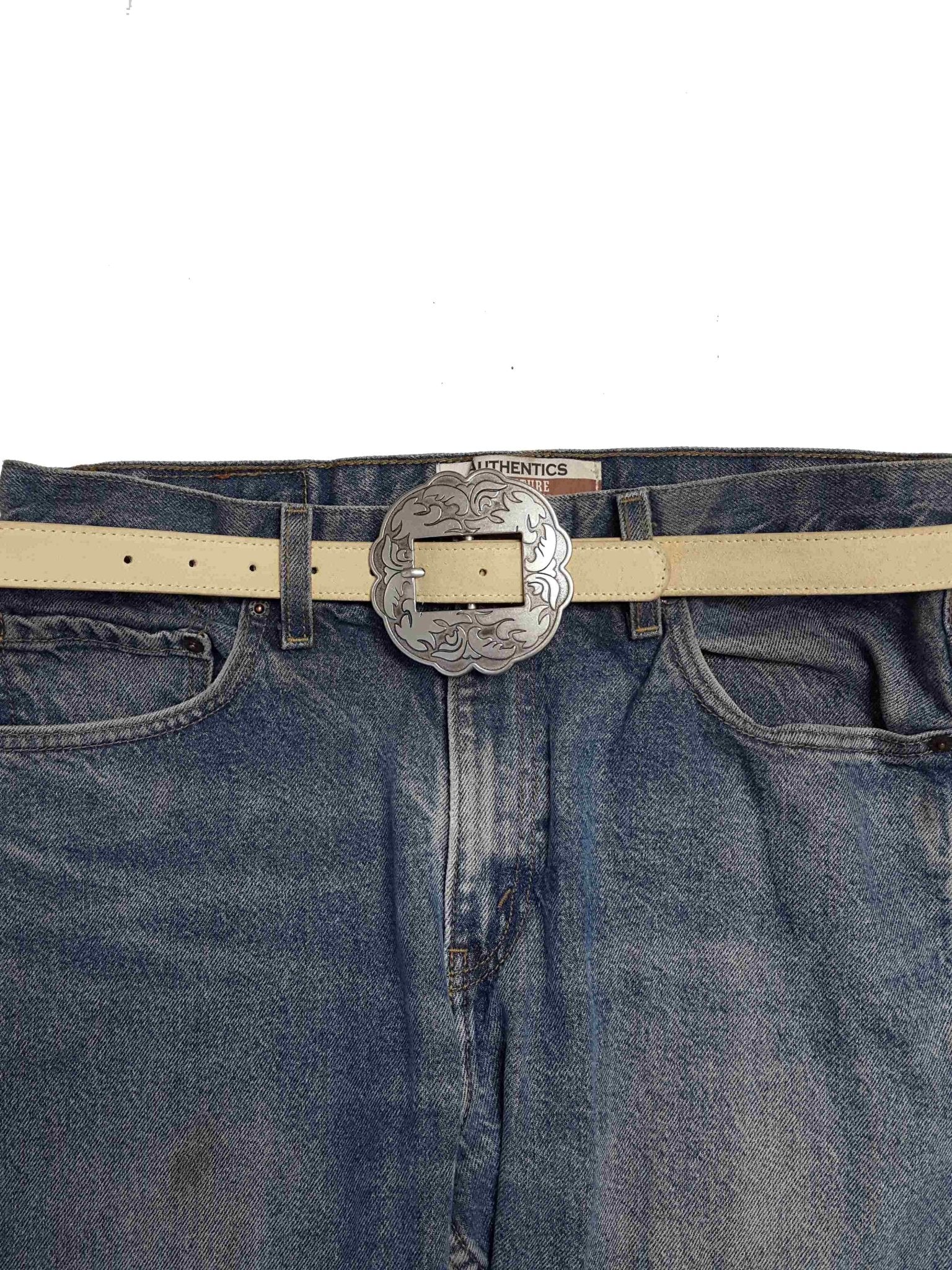 Genuine Suede Leather Belt w. Western Floral Buckle - Cowhide and Conchos