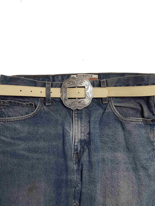 Genuine Suede Leather Belt w. Western Floral Buckle - Cowhide and Conchos