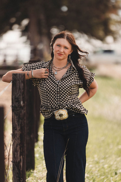Gingham Ruffled Top - Cowhide and Conchos