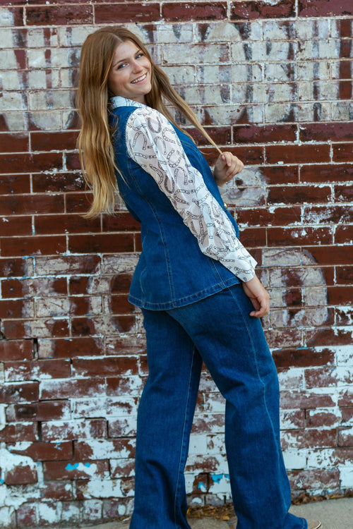 Gold Rush Button Denim Vest - Cowhide and Conchos