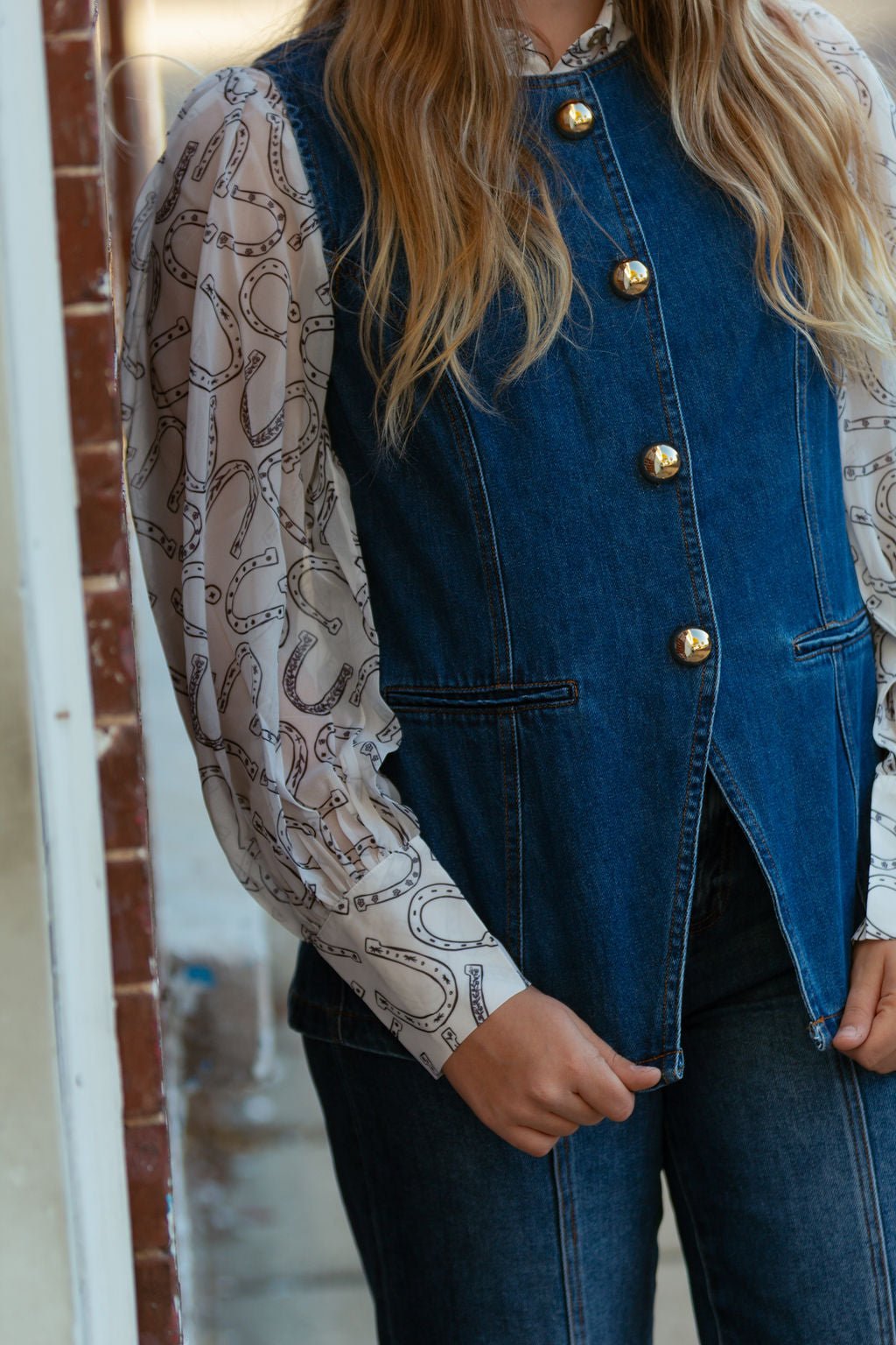 Gold Rush Button Denim Vest - Cowhide and Conchos