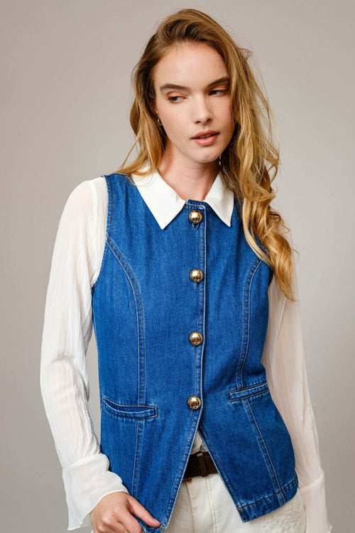 Gold Rush Button Denim Vest - Cowhide and Conchos