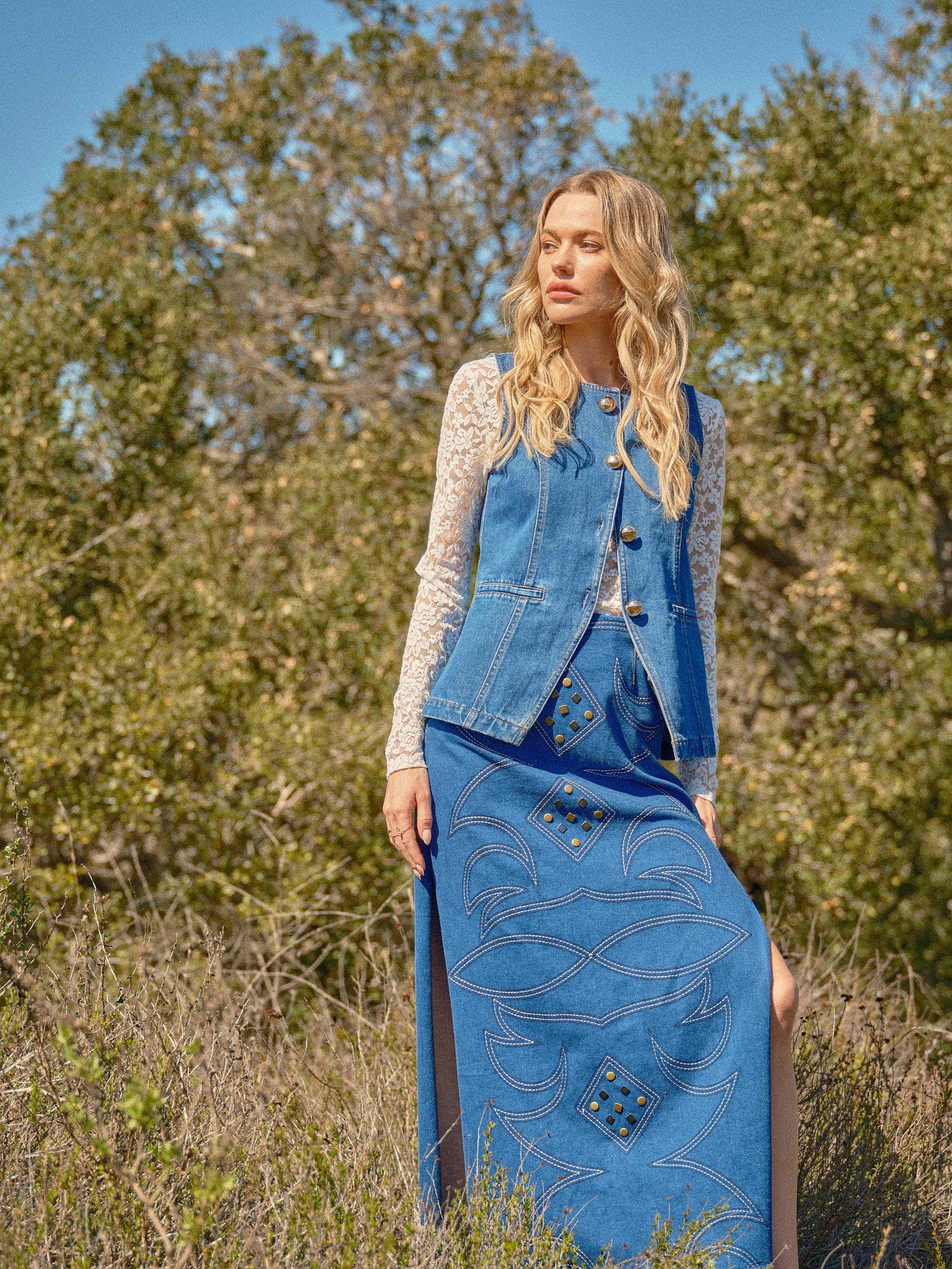 Gold Rush Button Denim Vest - Cowhide and Conchos