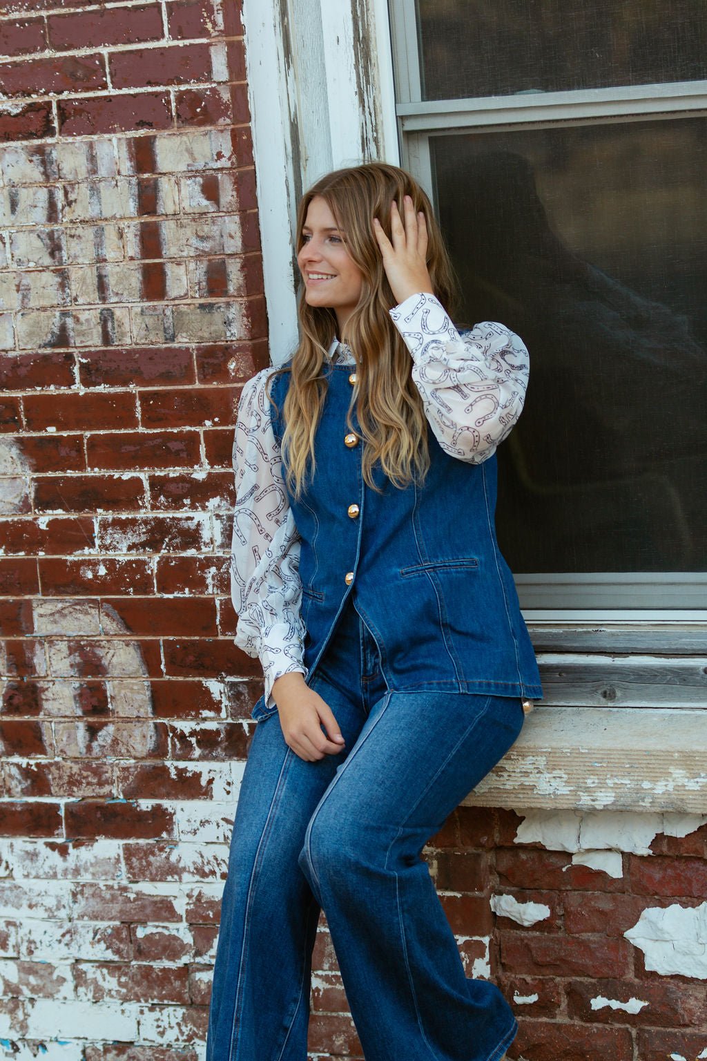 Gold Rush Button Denim Vest - Cowhide and Conchos