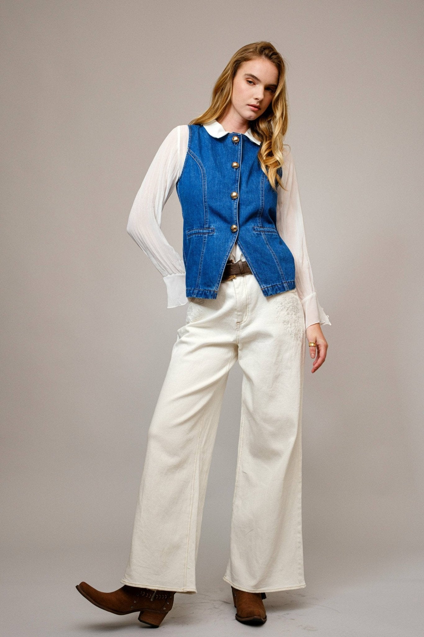 Gold Rush Button Denim Vest - Cowhide and Conchos