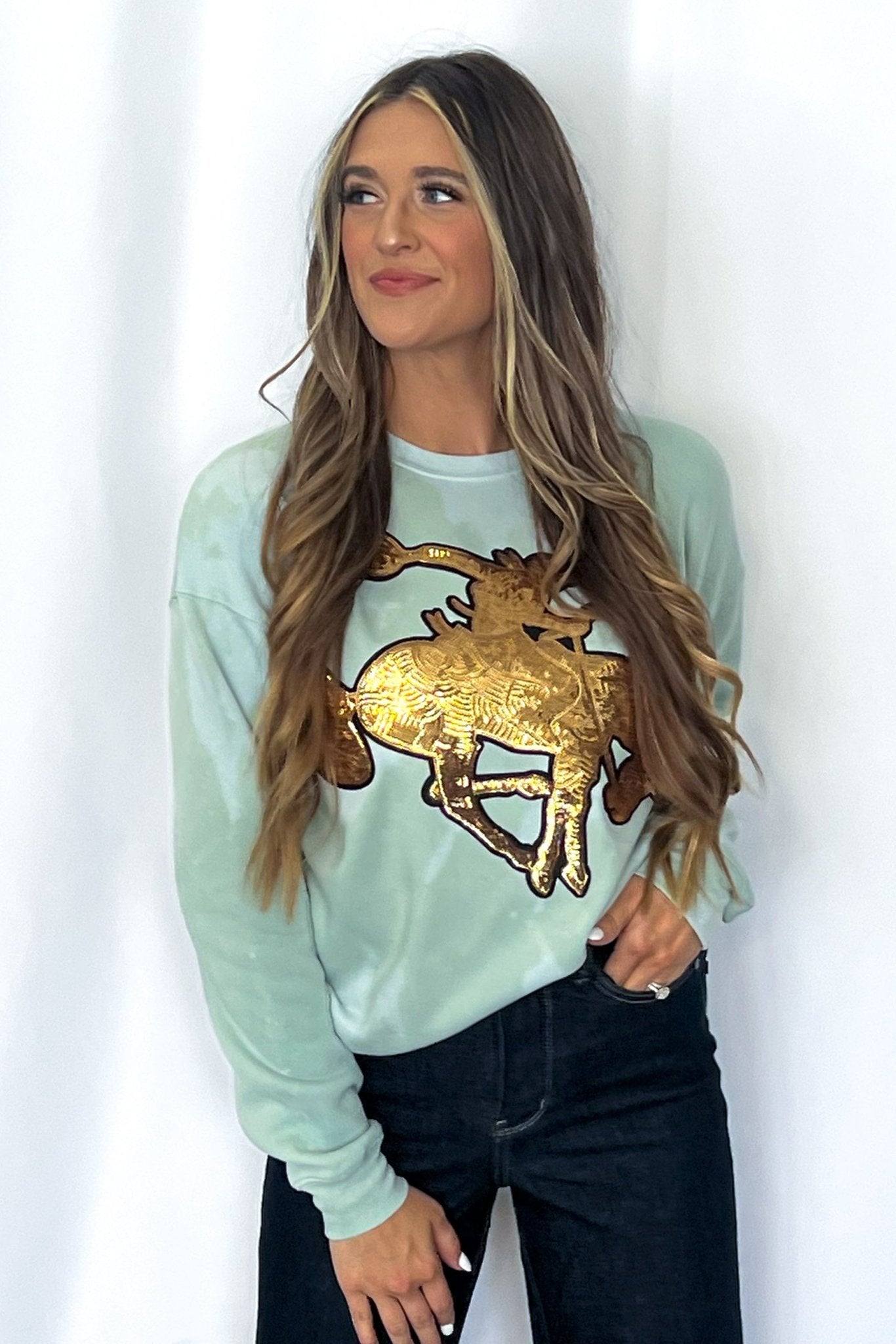 Gold Sequin Horse Bleached Sweatshirt - Cowhide and Conchos
