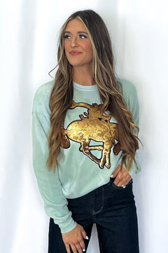 Gold Sequin Horse Bleached Sweatshirt - Cowhide and Conchos
