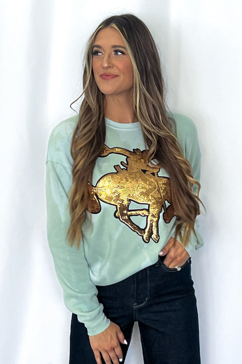 Gold Sequin Horse Bleached Sweatshirt - Cowhide and Conchos
