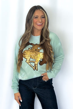 Gold Sequin Horse Bleached Sweatshirt - Cowhide and Conchos