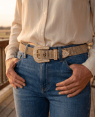 Gold Western Rhinestone belt - Cowhide and Conchos