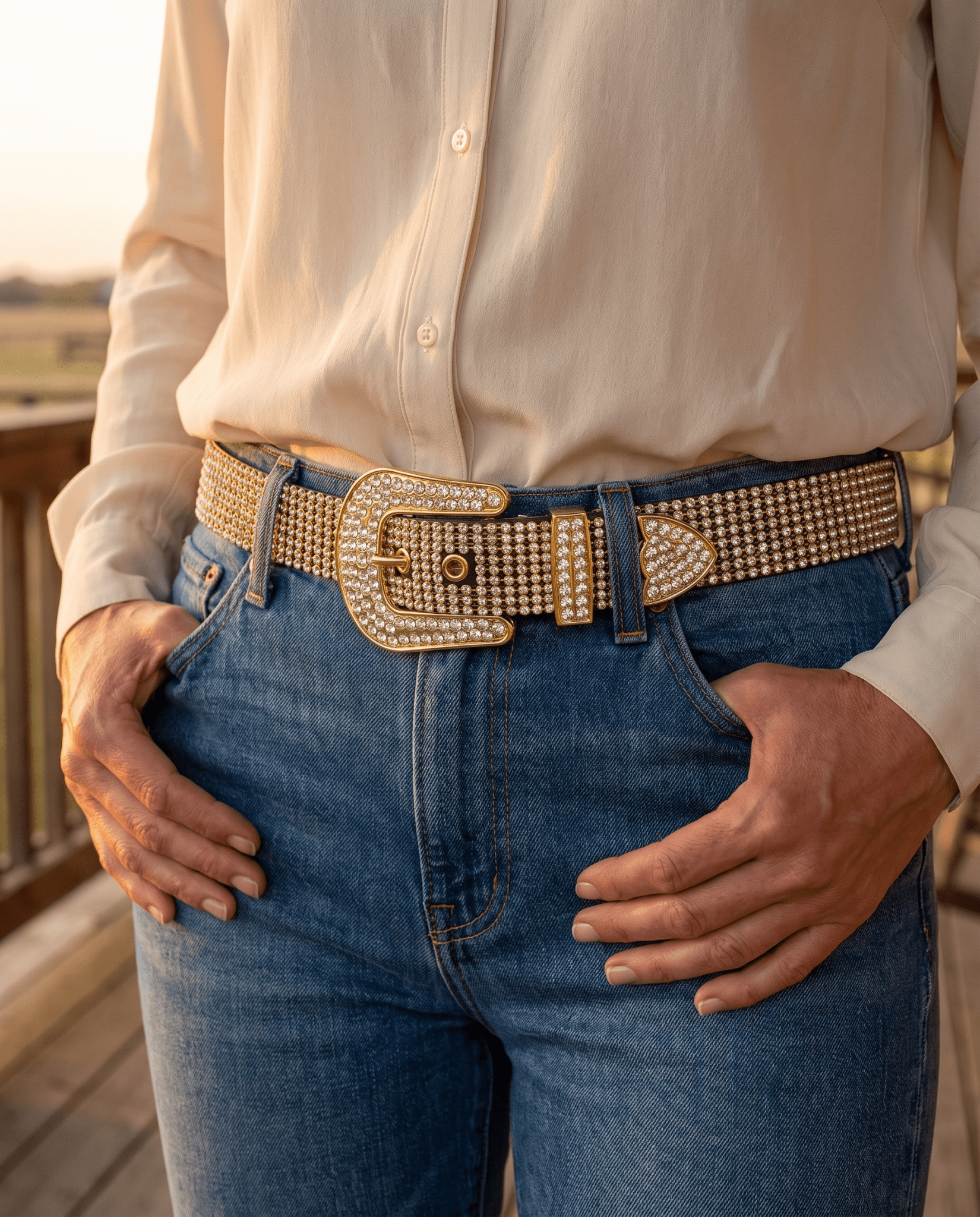 Gold Western Rhinestone belt - Cowhide and Conchos