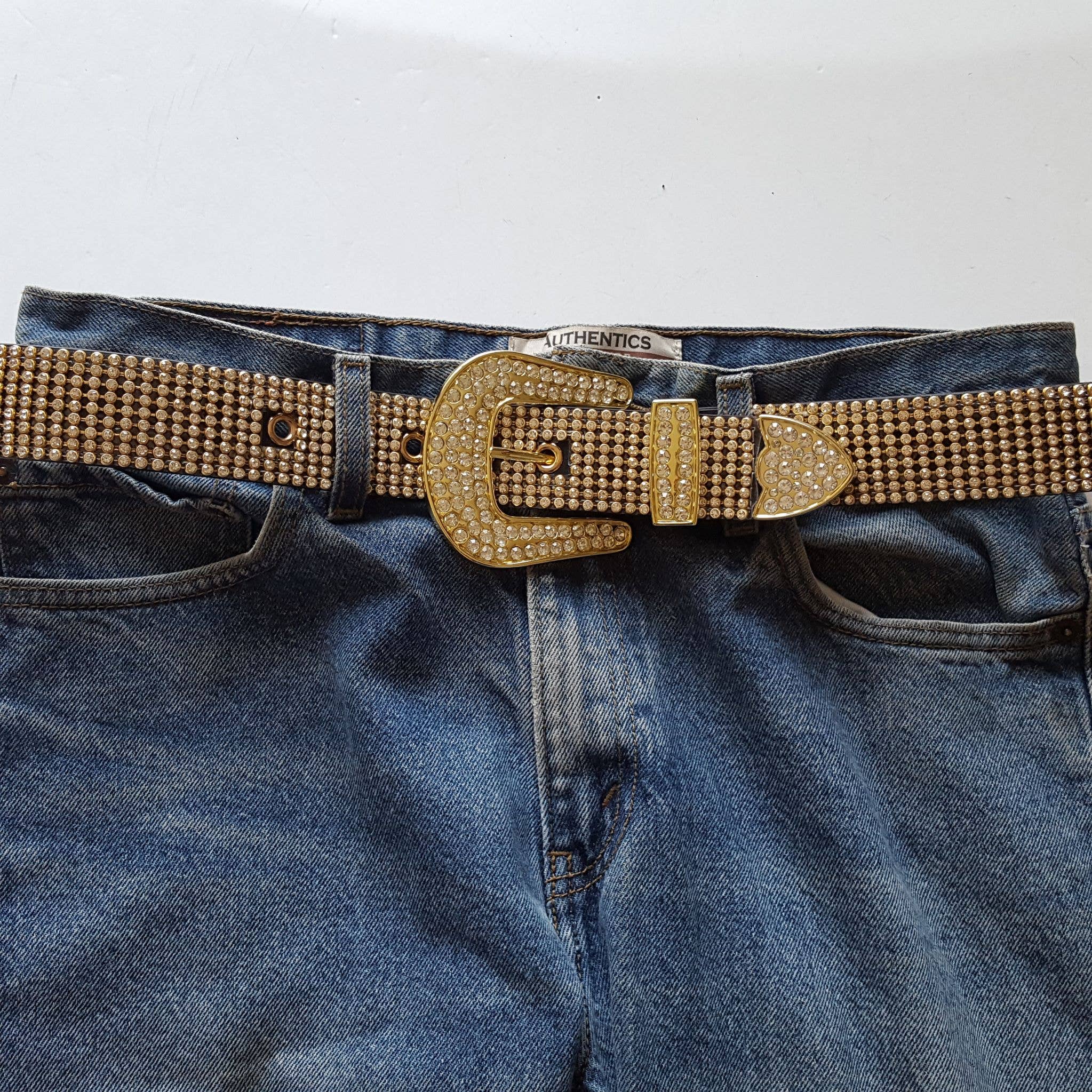 Gold Western Rhinestone belt - Cowhide and Conchos