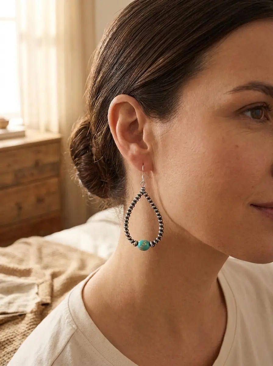 Golden Hill Turquoise Sterling Pearl Teardrop Earrings — 2.5 inch drop (Made in USA) - Cowhide and Conchos