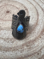 Golden Hills Turquoise Thunderbird Ring by Raymond Coriz - Size 8 - Cowhide and Conchos