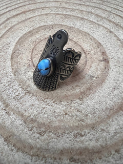Golden Hills Turquoise Thunderbird Ring by Raymond Coriz - Size 8 - Cowhide and Conchos