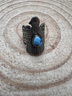 Golden Hills Turquoise Thunderbird Ring by Raymond Coriz - Size 8 - Cowhide and Conchos